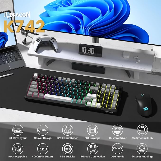 Redragon K742 Wireless Mechanical Gaming Keyboard with Knob for PC Computer | Bluetooth 5.0/2.4GHz/USB C Wireless Creamy Keyboard with Number Pad, RGB Backlits, Hot-Swappable with Linear Switches (Black) - Image 2