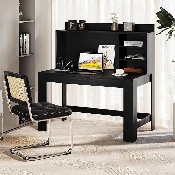 Giantex Computer Desk with Hutch, Modern Home Office Desk with Power Outlets, Storage Shelves & Cable Hole, Makeup Vanity Table, Study Writing Desk for Bedroom Office Small Space (Black) - Image 2