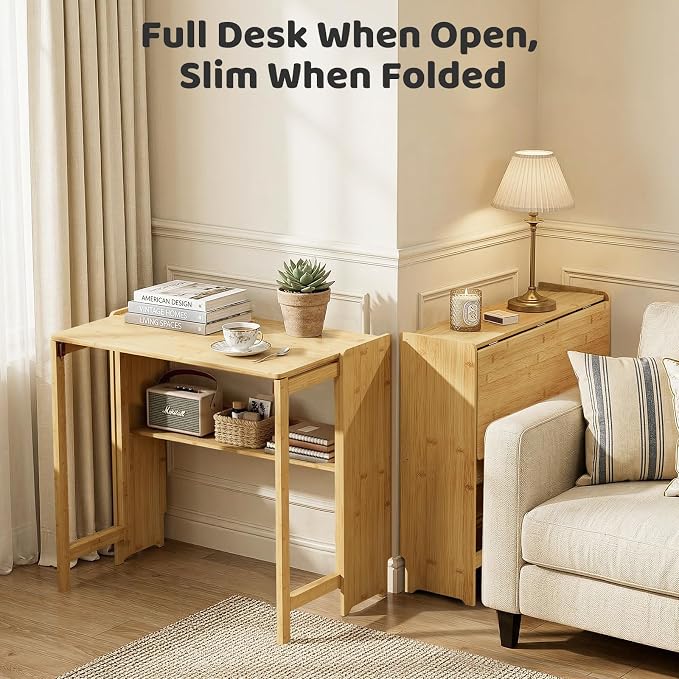 Bamboo Folding Desk for Small Spaces, Small Computer Foldable Desk, Natural | Space Saving Desk for Bedroom Home Office, Mid Century Sofa Table for Couch, Writing Work Office Desk - Image 3