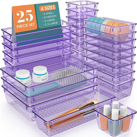 WOWBOX 25 PCS Plastic Drawer Organizer Set, Desk Drawer Divider Organizers and Storage Bins for Makeup, Jewelry, Gadgets for Kitchen, Bedroom, Bathroom, Office, Clear Purple by WOWBOX