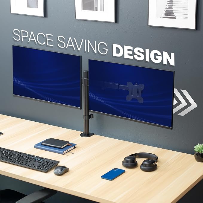VIVO Dual LCD LED 21 to 32 inch Monitor Desk Mount, Heavy Duty, Adjustable Telescoping Arms, Flush Wall Setup, Fits 2 Screens, Black, STAND-V002E - Image 2