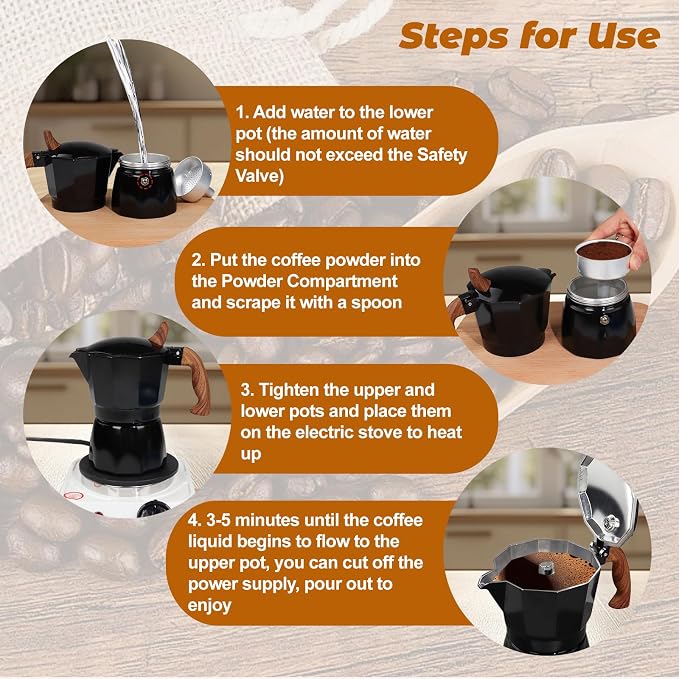 3 Cup Aluminum Moka Pot Classic Stovetop Espresso Coffee Maker 150ml 5oz Coffeemaker Percolator Mocha Pot Greca Coffee Maker Cafe Makers for Italian and Cuban Café Brewing Black - Image 5