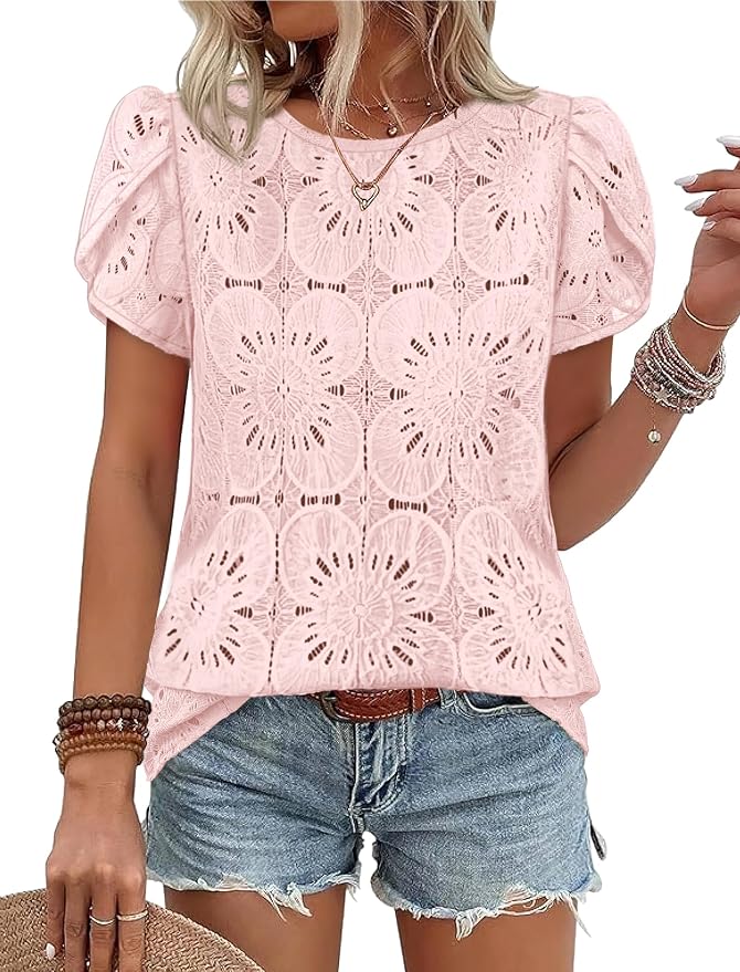 OFEEFAN Blouses for Women Dressy Casual Petal Short Sleeve Shirts Crochet Lace Boho Tops Spring Fashion Summer Outfits by OFEEFAN