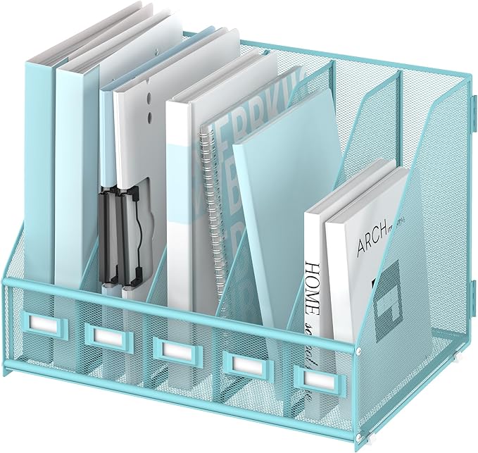 SUPEASY Desk Organizers Metal Desk Magazine File Holder with 5 Vertical Compartments Rack File Organizer for Office Desktop, Classroom, Home Workspace, Blue by SUPEASY