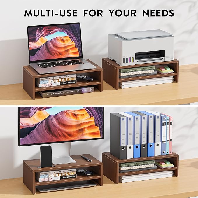 BONTEC Wooden Monitor Stand Riser, 2-Tier Desk Shelf with Storage Organizer, Ergonomic Computer Stand with Cable Management, Cellphone Holder, Walnut, 16.5 Inch - Image 8