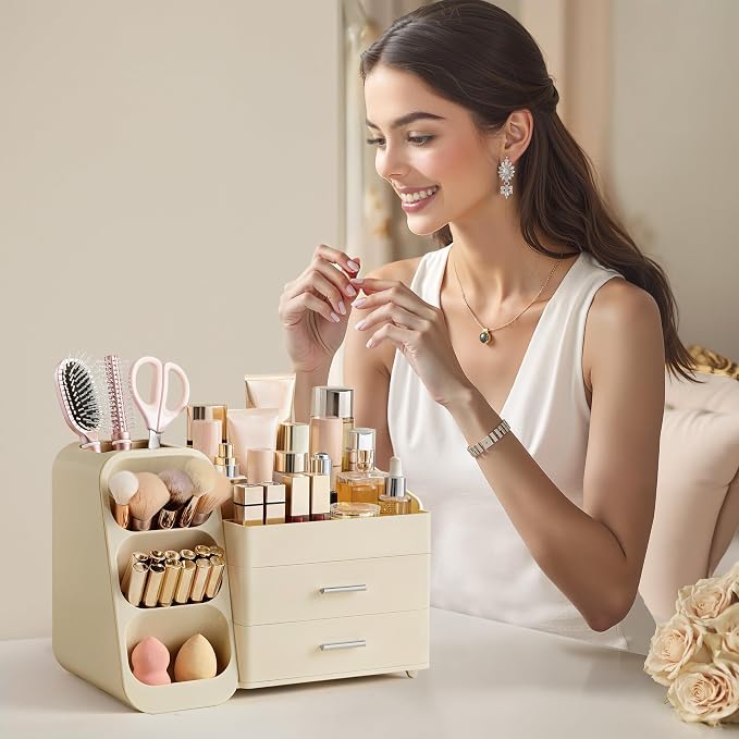 HBlife Makeup Organizer with Brush Holder for Vanity, Large Plastic Bathroom Countertop Organizer Skin Care Storage, Easy to Store Lipsticks, Nail Polishes, Perfumes, Eyeshadow Palettes, All Beige - Image 6