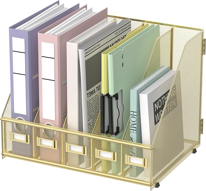 SUPEASY Desk Organizers Metal Desk Magazine File Holder with 5 Vertical Compartments Rack File Organizer for Office Desktop, Home Workspace, Gold Plus by SUPEASY