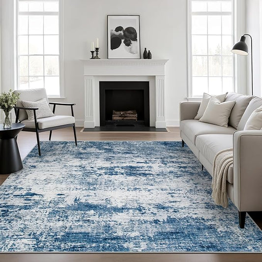 5x5 Area Rug Living Room Rug: Washable Modern Abstract Soft Thin Rug Indoor Floor No Slip Stain Resistant Carpet for Bedroom Dining Room Farmhouse Nursery Home Office - Blue by FXRHLP