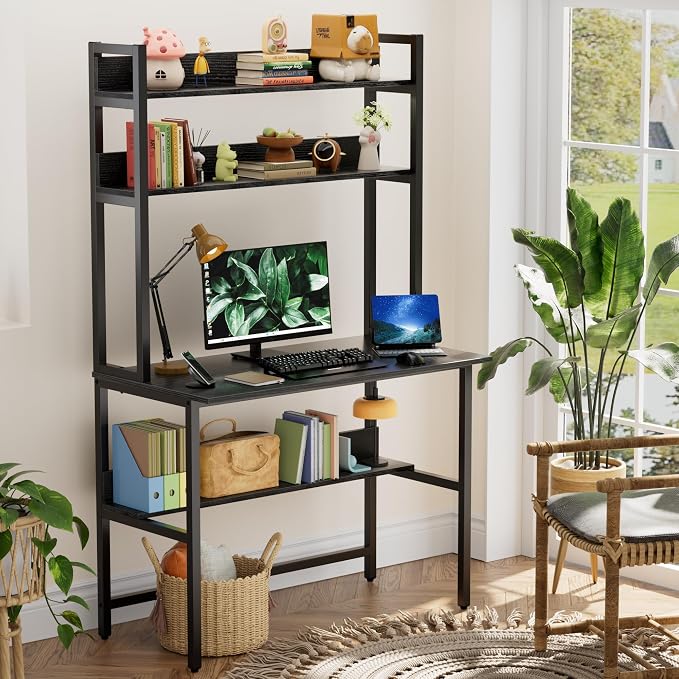 Aquzee Computer Desk with Hutch, 40“W x 19.6" D Desk with Shelves, Tall Home Office Desk with Bookshelf, Metal Legs Study Table with Upper Storage Shelf for Study Writing/Workstation, Black - Image 2