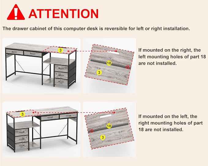 YOSHOOT 60" Computer Desk with 5 Fabric Drawers, Gaming Desk Table | Desk with Storage and Power Outlets, for Adults and Teenagers Working Writing Study, Grey - Image 9