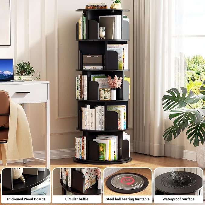 Aheaplus Rotating Bookshelf, 360 Display Wood Spinning Bookshelf Tower, 5 Tier Floor Standing Bookcase Storage Rack, Revolving Bookcase Corner Bookshelf for Small Space, Bedroom, Study Room, Black - Image 4