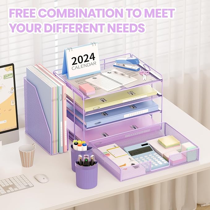 OPNICE Desk Organizer, 4-Tier Desktop File Organizer with Drawer and Pen Holders, Office Desk Accessories, File Sorters, Workspace Organizers for Office Supplies(Purple) - Image 5