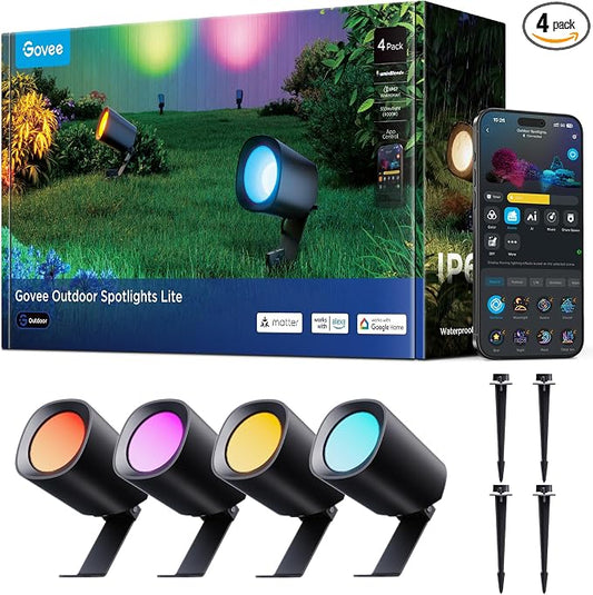 Govee Outdoor Spotlights Lite 4 Pack, IP67 Waterproof Spotlights, APP, WiFi | Landscape Lighting Work with Alexa, Matter and Google Assistant, RGBWIC Color Changing Light for Garden, Yard, Patio by Unknown