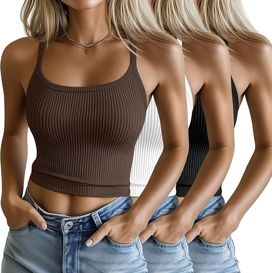 Ficerd 3 Pack Women's Tank Tops 95% Cotton Spaghetti Strap Ribbed Crop Camisole Slim Fitted Basic Summer Sleeveless Layer by Ficerd