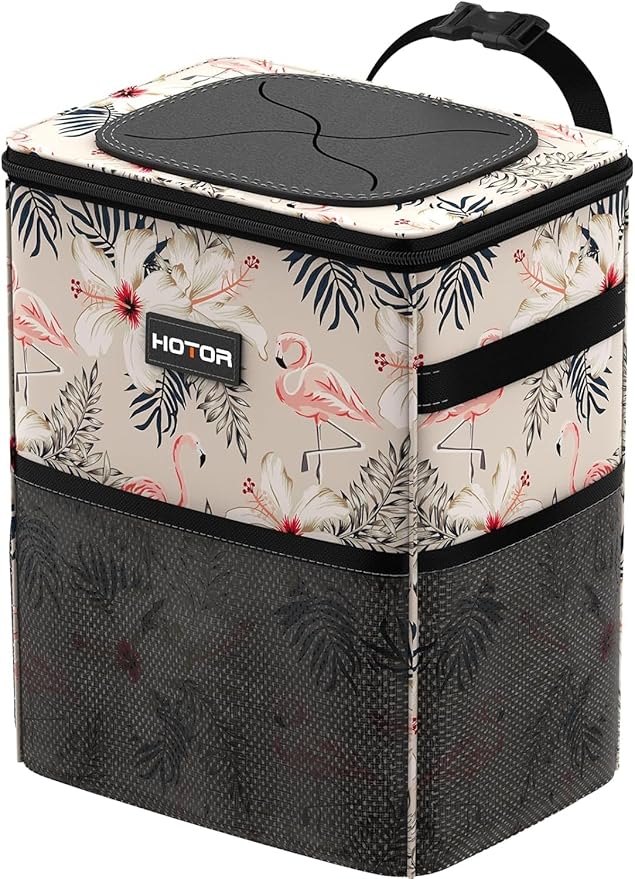 HOTOR Car Trash Can with Lid and Storage Pockets - 100% Leak-Proof Organizer, Waterproof Garbage Can, Multipurpose Trash Bin for Car, 2 Gallons, Flamingo by HOTOR