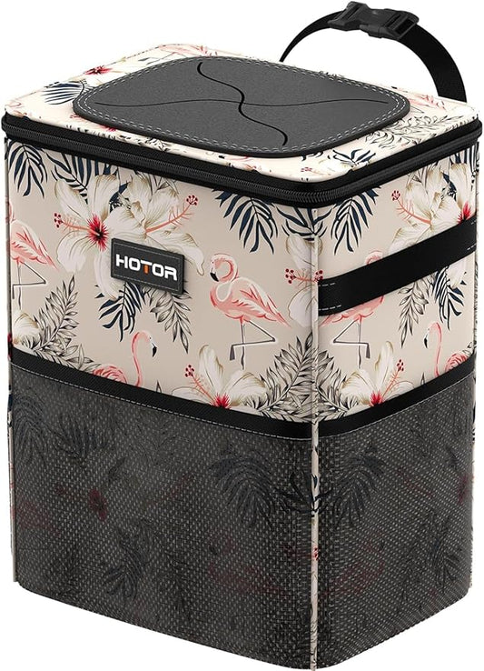 HOTOR Car Trash Can with Lid and Storage Pockets - 100% Leak-Proof Organizer, Waterproof Garbage Can, Multipurpose Trash Bin for Car, 2 Gallons, Flamingo by HOTOR