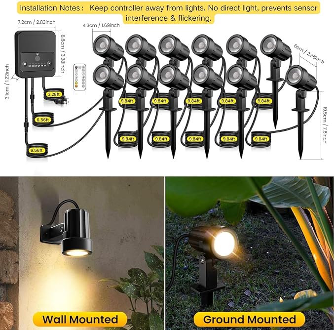 Landscape Lighting Kit 2700-6500K Dimmable Outdoor Spotlights 12 Pack | 3 brightness levels,2 dynamic mode,IP66 waterproof, remote timer & memory,plug and play. Ideal for yards, gardens & pathways - Image 7