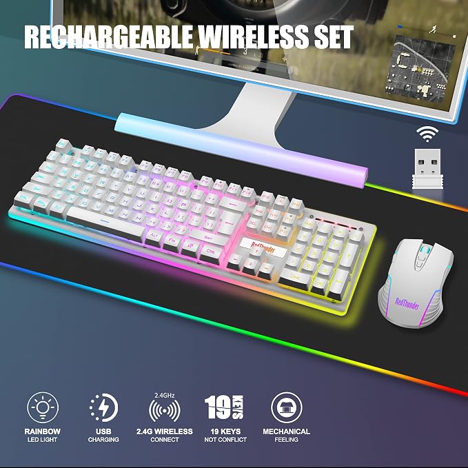 RedThunder K10 Wireless Gaming Keyboard and Mouse Combo, LED Backlit Rechargeable 3800mAh Battery, Mechanical Feel Anti-ghosting Keyboard + 7D 3200DPI Mice for PC Gamer (White) - Image 2