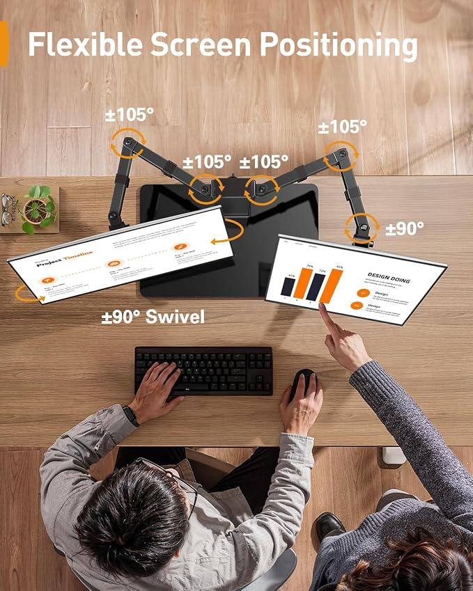 Perlegear Dual Monitor Stand with Power Strip, Freestanding Computer Monitor Stand for 2 Screens up to 32 Inch, Monitor Stand Riser with Glass Base and Adjustable Arms, Holds 22 lbs per Arm, PGTVS41B - Image 6