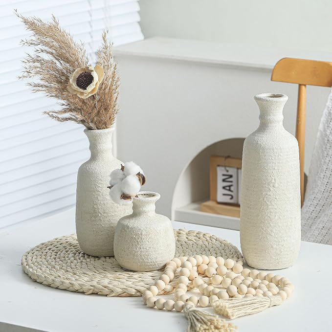 Ceramic Vase Set of 3, Neutral Rustic Vases Home Decor Farmhouse Decorative Vase Whitewashed Pottery Decor Boho Modern for Table Mantel Entryway Bookshelf Living Room Kitchen Bathroom Bedroom - White - Image 7