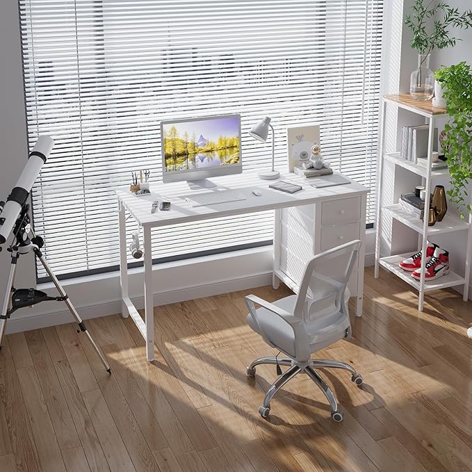 Lufeiya White Computer Desk with Drawers, 47 Inch Reversible Study Work Writing Desk for Home Office Bedroom, Simple Modern Cute PC Desks with Fabric Drawer, White - Image 2