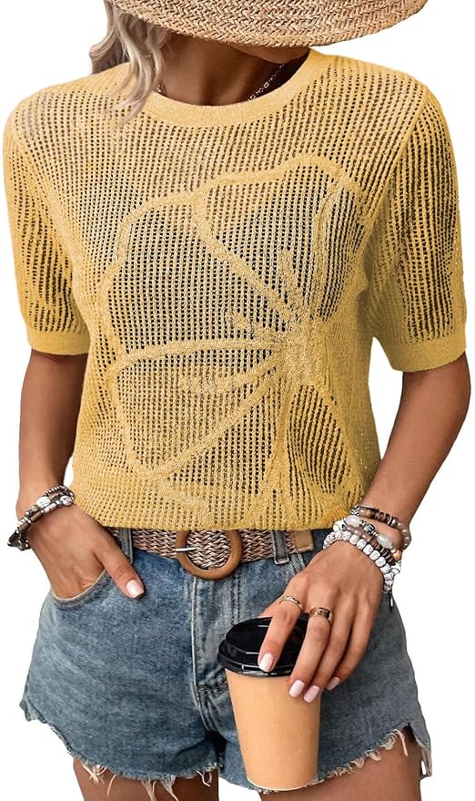 Dokotoo Womens Summer Short Sleeve Crochet Tops Hollow Out Floral Sweaters Beach Vacation Cruise Outfits by Dokotoo