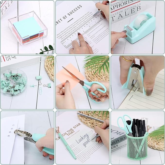 17 in 1 Green Desk Organizers and Accessories Set, 3 Office Desk Supplies Storage Organization, 4 Pens, Stapler, Staples & Remover, Tape & Dispenser, Scissors, Ruler, Clips, Hole Punch, Back to School - Image 5