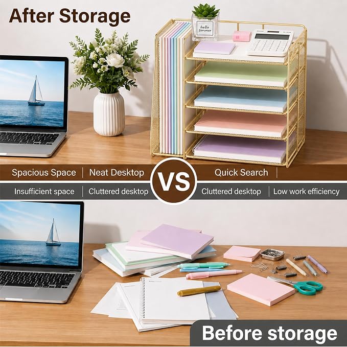 OPNICE Desk Organizer, 5-Tier Paper Organizer Letter Tray with Magazine Holder, Office Desk Accessories & Workspace Organizers, Desktop File Organizer for Office Supplies Storage, Gold - Image 2