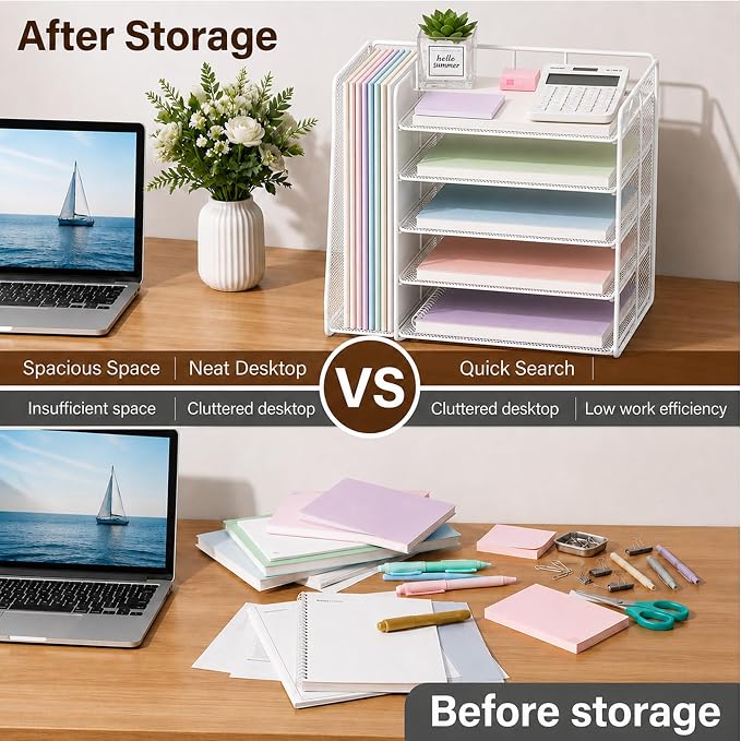 OPNICE Desk Organizer, 5-Tier Paper Organizer Letter Tray with Magazine Holder, Office Desk Accessories & Workspace Organizers, Desktop File Organizer for Office Supplies Storage, White - Image 2