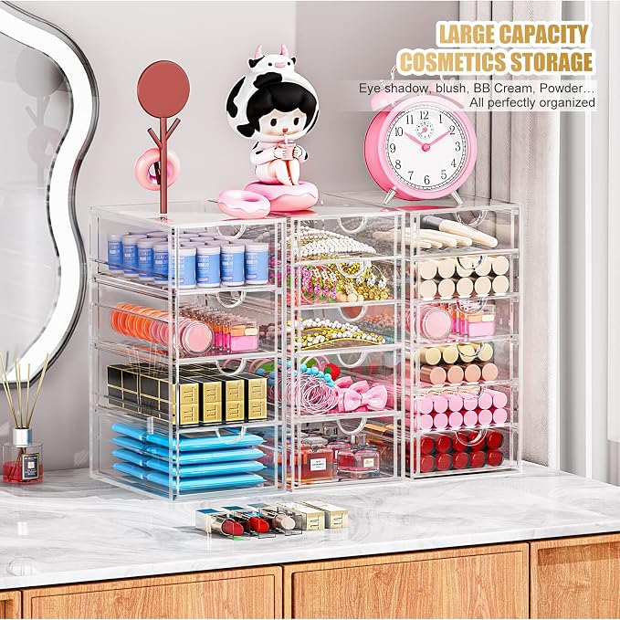 YFXCVSL 3-Pack Acrylic 15-Drawer Storage & Makeup Organizer for Desk | Smooth-glide drawers, clear acrylic, dustproof, waterproof, wipe-clean, for nail polish, essential oils, hair clips - Image 2