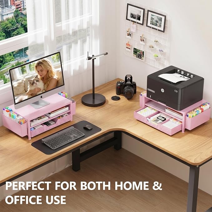 OPNICE Desk Organizers and Accessories, 2-Tier Computer Monitor Stand Riser with Drawer and 2 Pen Holders, Laptop Stand, Office Desk Accessories for Office Supplies, Pink - Image 3