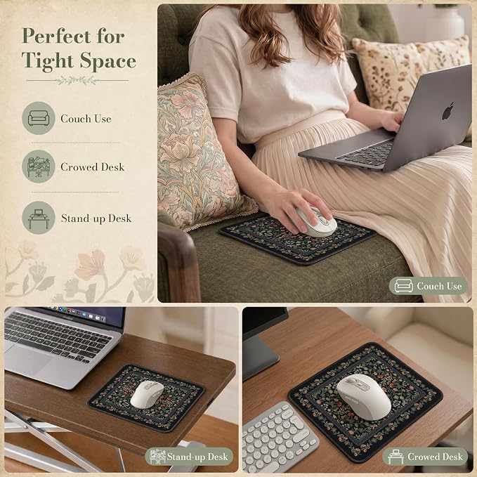 iCasso Aesthetic Small Mouse Pad, 9.5x7.9in,Home Office, Black Floral | Mini Portable Travel Mousepad, Anti-Slip and Comfortable Cloth Mouse Mat with Stitched Edges for Computer, Home - Image 8