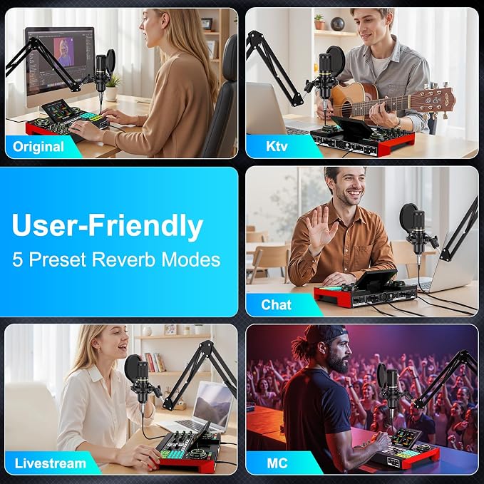 tenlamp Podcast Microphone Bundle with Live Sound Card Audio Mixer, Podcast Equipment Bundle with 3.5mm Boom Mic for Pc/Phone Live Streaming Singing Gaming, Sound Board with Voice Changer, Denoise - Image 4