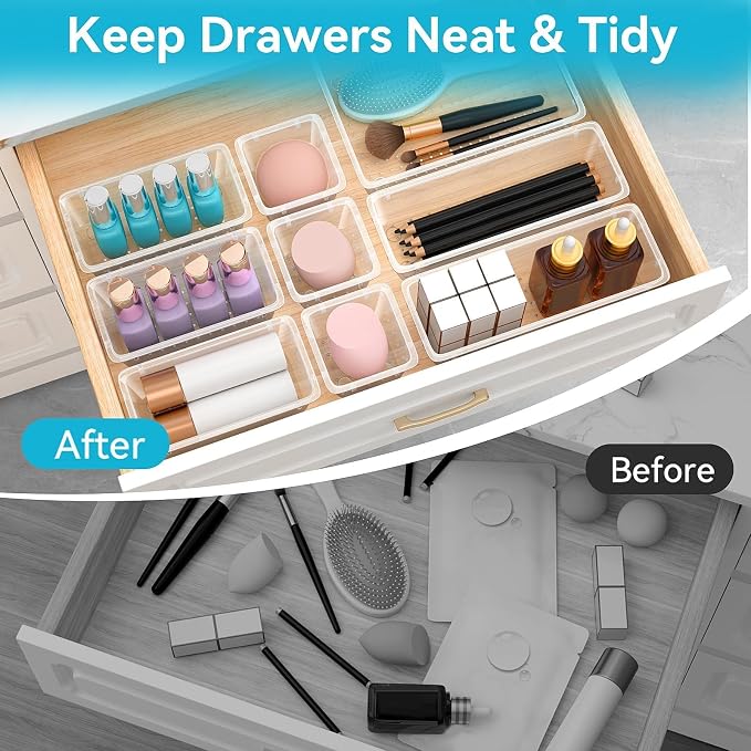 12 PCS Drawer Organizer Set, Makeup Organizers, Tool Storage Trays | 4 Sizes, Plastic, Stackable, Multiple Gadgets, Desk Drawer Divider Organizers, for Makeup, Office Supplies Storage - Image 4