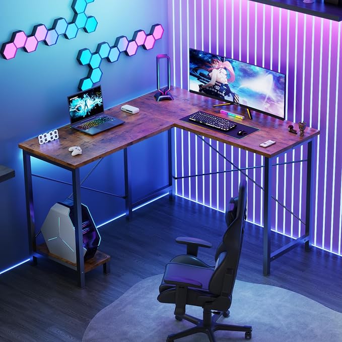 DUMOS 50-Inch Reversible L Shaped Desk with CPU Shelf, Brown | Computer Desk with Sturdy Metal Frame, Corner Gaming Desk, Home Office Desk for Study, Writing and Work, Sturdy Modern Design - Image 2