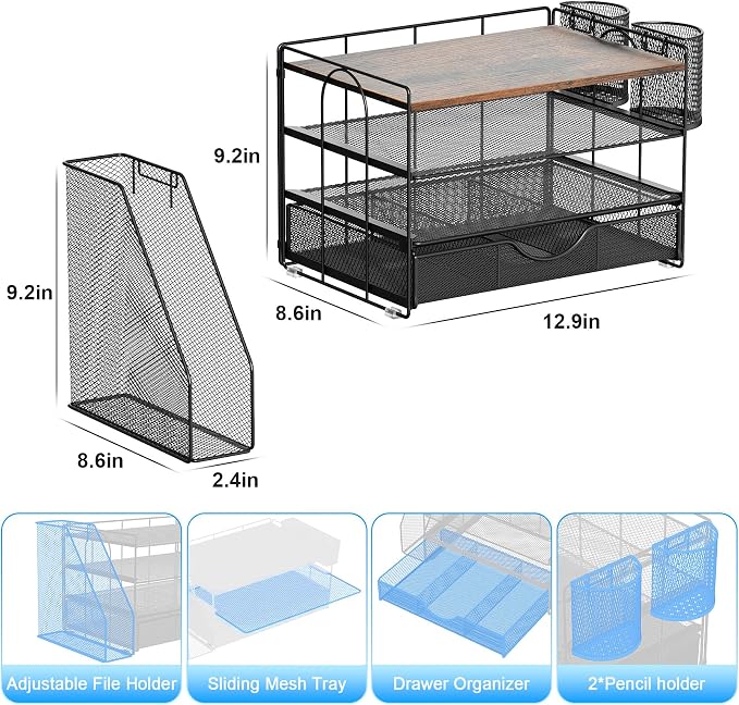 gianotter Desk Organizers and Accessories with File Holder, 4-Tier Desk Accessories & Workspace Organizers with Drawer and 2 Pen Holder, Paper Organizer for Office Supplies (Wood) - Image 5