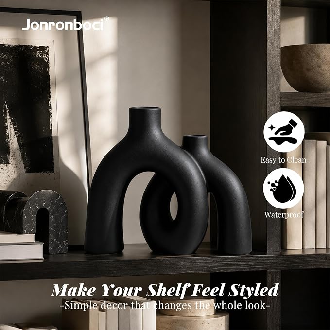 Matte Black Vase Set - Hug Hollow Donut Aesthetic Ceramic Vases Home Decor, Modern Nordic Minimalist Decorative Vase for Table Centerpiece Bookshelf Office Entryway Console Fireplace (Black) - Image 3