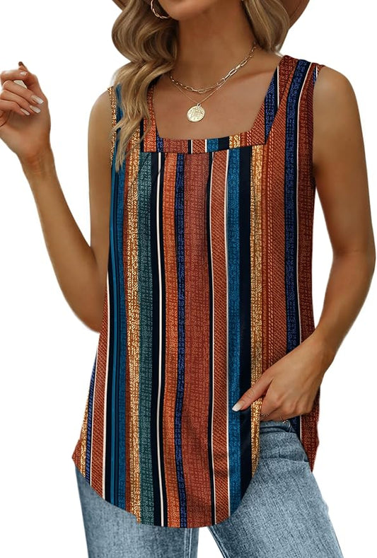 Saloogoe Summer Tank Tops for Women Loose Fit Pleated Square Neck Sleeveless Tops Curved Hem Flowy by Saloogoe