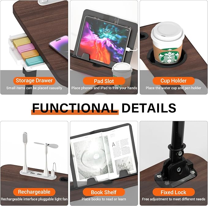 Lap Desk for Bed, Adjustable Laptop Desk with USB Charging Port, Storage Drawer & Bookshelf — Foldable Bed Desk for WFH & Students, 23.6" Desktop Fits 21" Laptop, Non-Slip, Walnut - Image 5