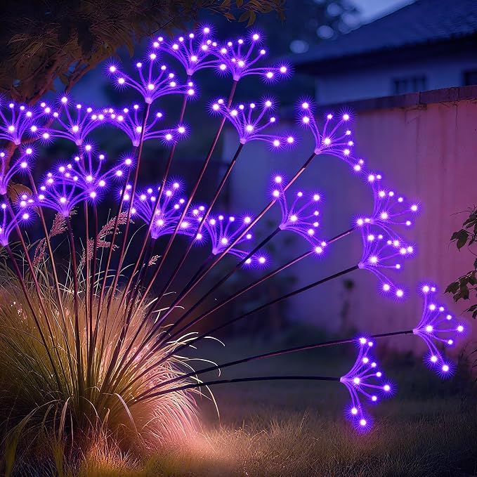 JJGoo Solar Garden Lights, New Upgraded 2 Pack Solar Swaying Starburst Light, Waterproof Fireworks Outdoor Lights, Yard Patio Pathway Decoration, Purple by JJGoo