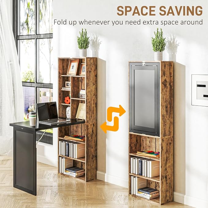 HOMCOM Foldable Desk Wall Mounted Convertible Table, Rustic Brown | Wall Mounted, Space-Saving, Chalkboard, Storage Shelves, for Small Spaces, Home Office, Bedroom, Dorm, Apartment - Image 4