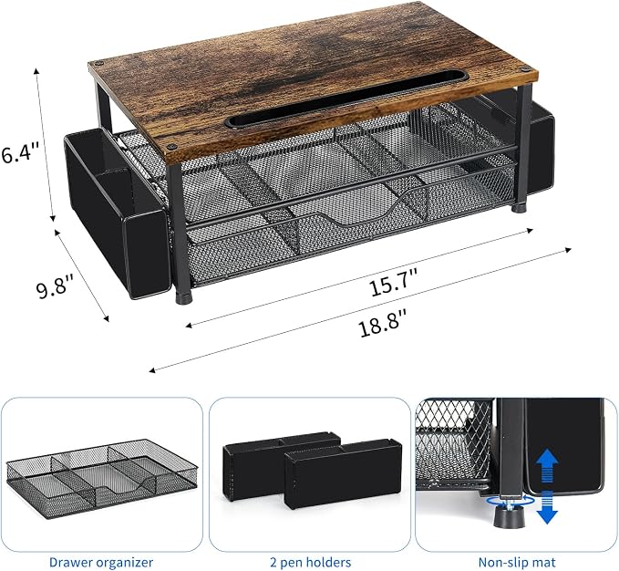 AUPSEN Wood Desk Organizers and Accessories, 2-Tier Computer Monitor Stand Riser with Drawer, Pen Storage & Phone Holder, Office Desk Accessories, Workspace Desktop Organization for Office Supplies（Brown） - Image 7