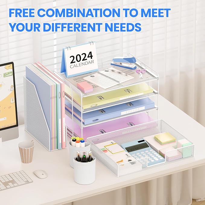 OPNICE Desk Organizer, 4-Tier Desktop File Organizer with Drawer and Pen Holders, Office Desk Accessories, File Sorters, Workspace Organizers for Office Supplies(White) - Image 3