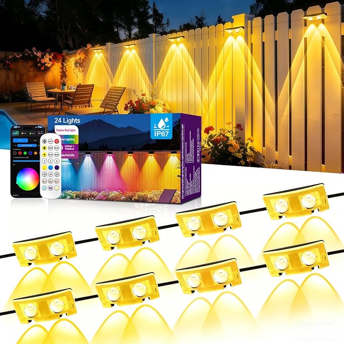 AHAWILL Fence Lights Outdoor 24 Packs,Smart RGB Fence Lighting with APP&Remote Control,IP67 Waterproof Fence Lights,DIY Scene Modes,LED Light for Fence,Patio,Yard,Garden(150ft) by AHAWILL