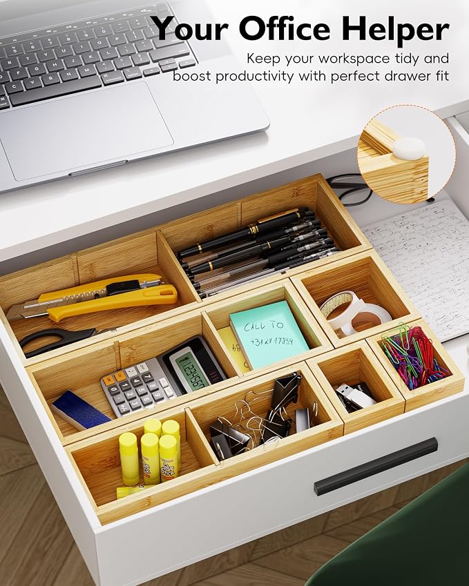 Bamboo Drawer Organizer Set, 6 PCS Desk Drawer Organizer Trays with 12 Compartments, Wood Storage Boxes for Junk Drawer, Kitchen Utensils, Office Supplies, Makeup, Jewelry, Bathroom - Image 6