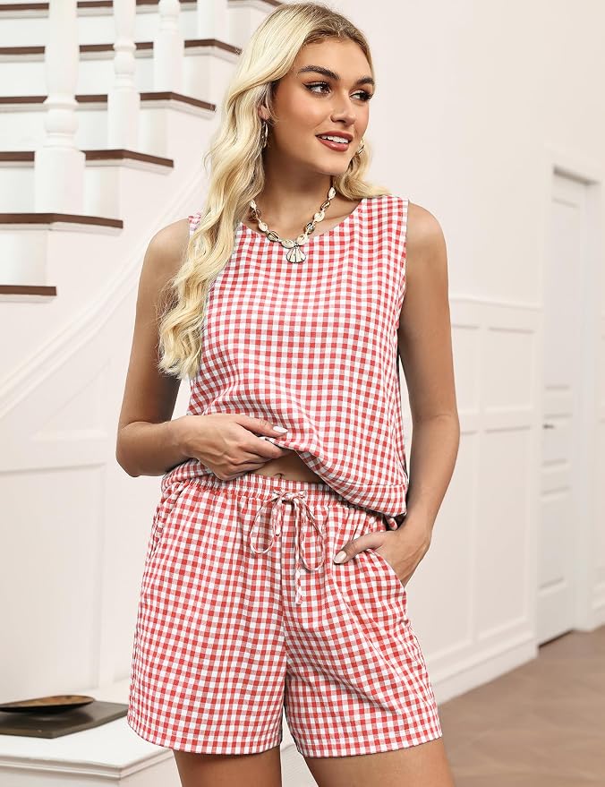 LOMON Women's Trendy 2 Piece Outfits Shorts Sets Summer Crew Neck Sleeveless Tank Top and Bottom Matching with Pockets 2026 - Image 3