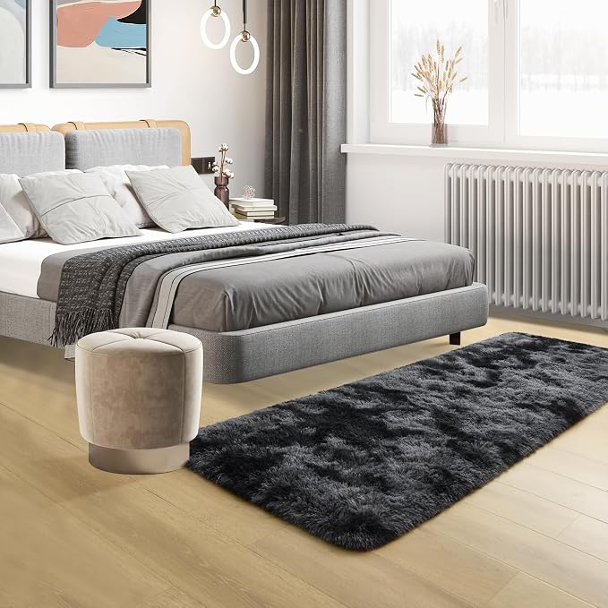 Tepook Fluffy Runner Rugs for Bedroom Aesthetic 2x6 Feet, Shag Soft Bedside Rug with Non-Slip Bottom, Fuzzy Plush Carpet for Room, Hallway Rug for Nursery Dorm Indoor Home Decor, Tie-dye Dark Grey - Image 7