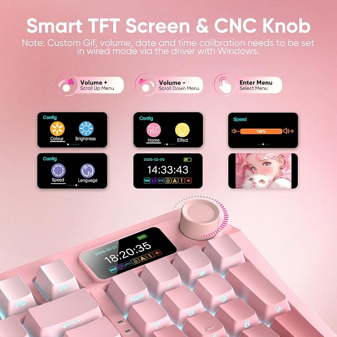 RedThunder K95 Wireless Mechanical Keyboard, TFT Screen & Knob, Triple-Mode, Custom Gasket Mount Hot-Swap, Pre-lubed Linear Pink Switches, RGB Backlit, Side-Printed PBT Keycaps, Gradient Sakura Pink - Image 3