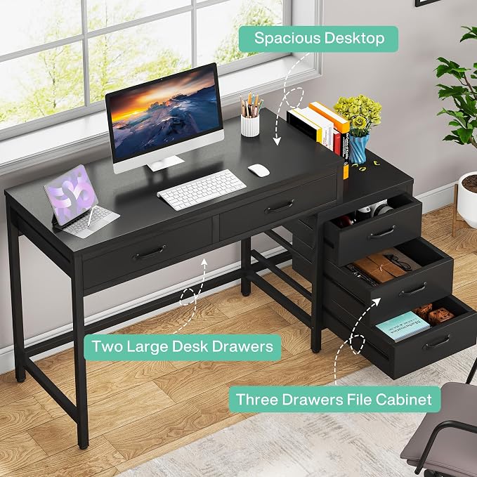 Tribesigns Computer Desk with 5 Drawers, Reversible Home Office Desks | Small Desk with Drawer Cabinet Printer Stand, PC Desk with Storage, Black Study Writing Table Workstation for Small Spaces - Image 5
