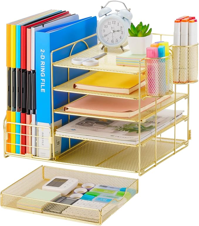 Marbrasse Rose Gold Desk Organizer with File Holder, 5-Tier Paper Letter Tray Organizer with Drawer and 2 Pen Holder, Mesh Desktop Organizer and Storage with Magazine Holder for Office Supplies - Image 2